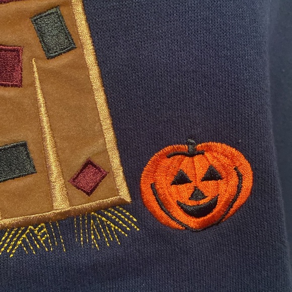 Fall Patchwork Scarecrow, Pumpkins, Halloween Theme Sweatshirt Pullover XL - Picture 6 of 13